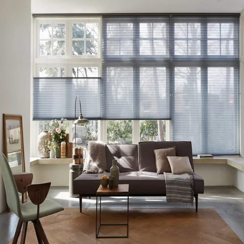 Modern living room with large windows featuring pleated shades