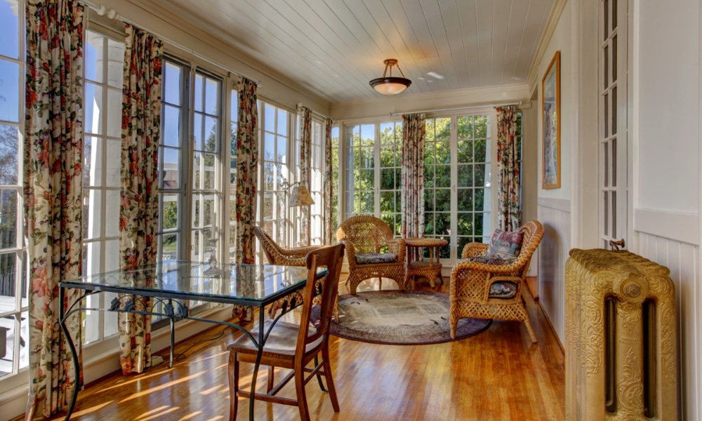 Big bold pattern drapery for sunroom
