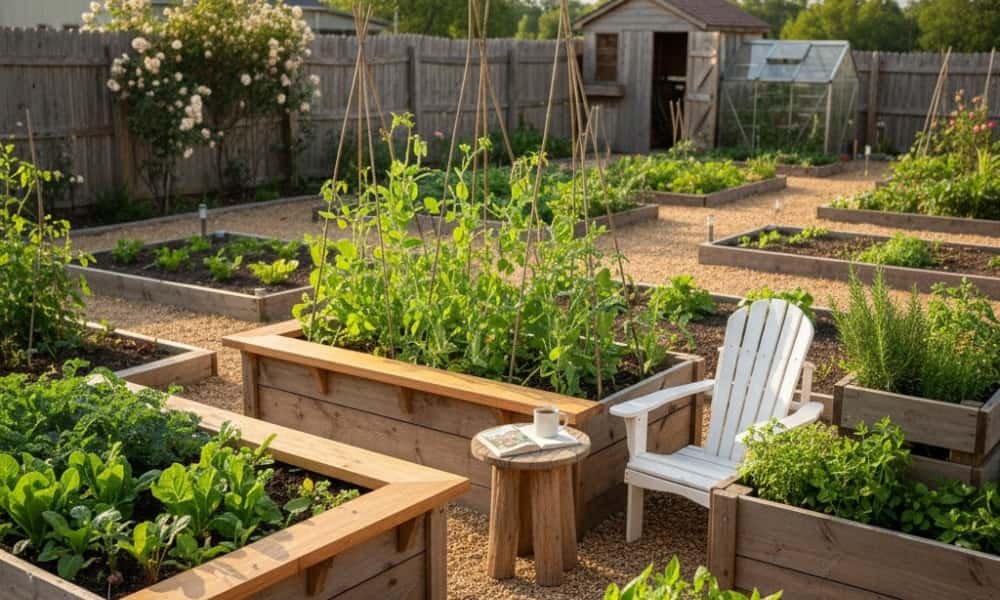 10+ Raised Bed Garden Ideas That Make Growing Easier 7 Raised Bed Garden with a Small Sitting Area